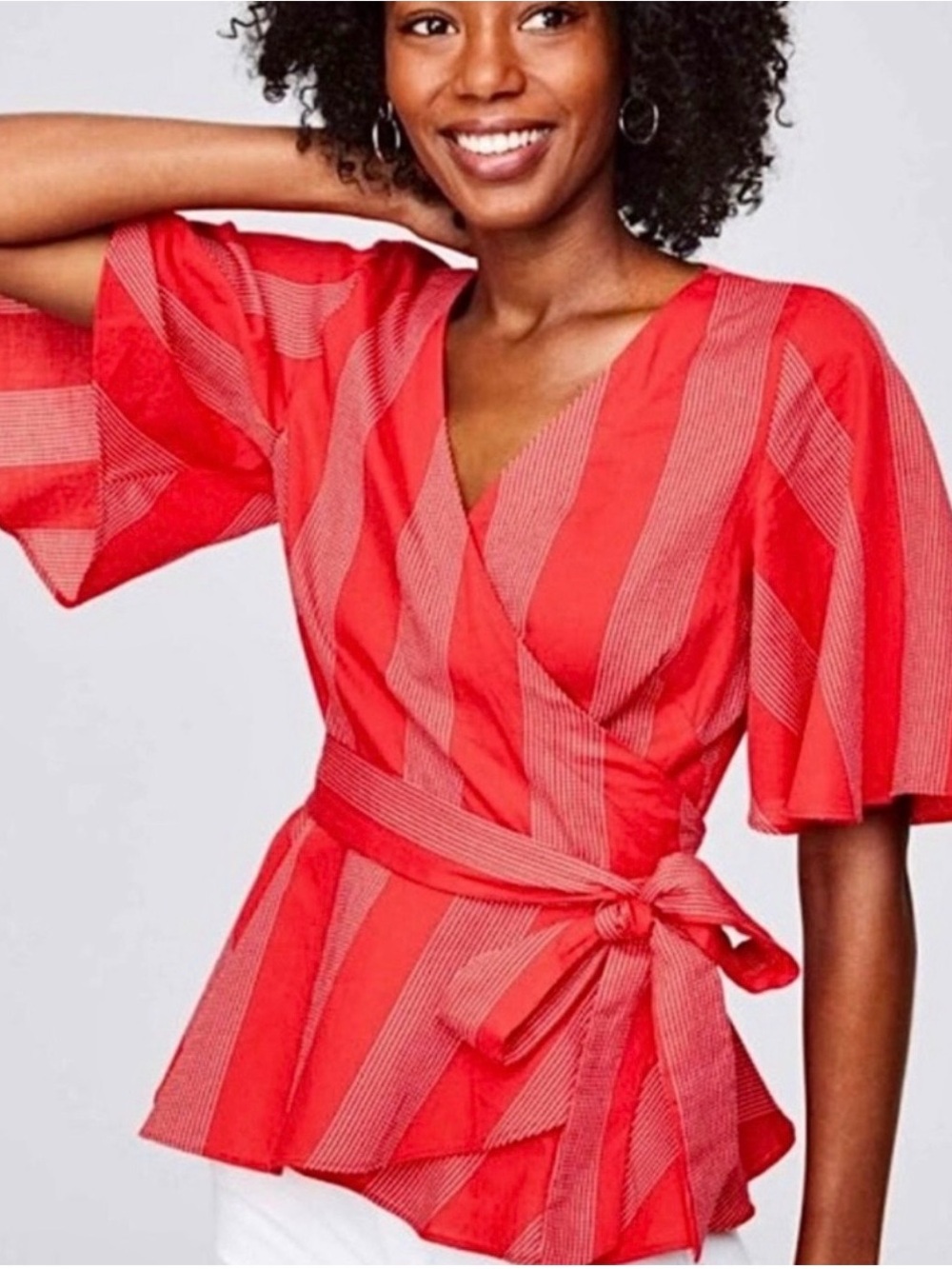 NWT LOFT Crimson Fire Red Striped Wrap Blouse Size Small Petite